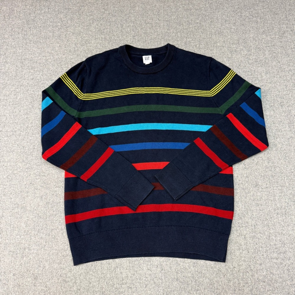 Gap Crewneck Sweater Medium Navy Blue Multicolor Horizontal Stripe Cotton Ribbed